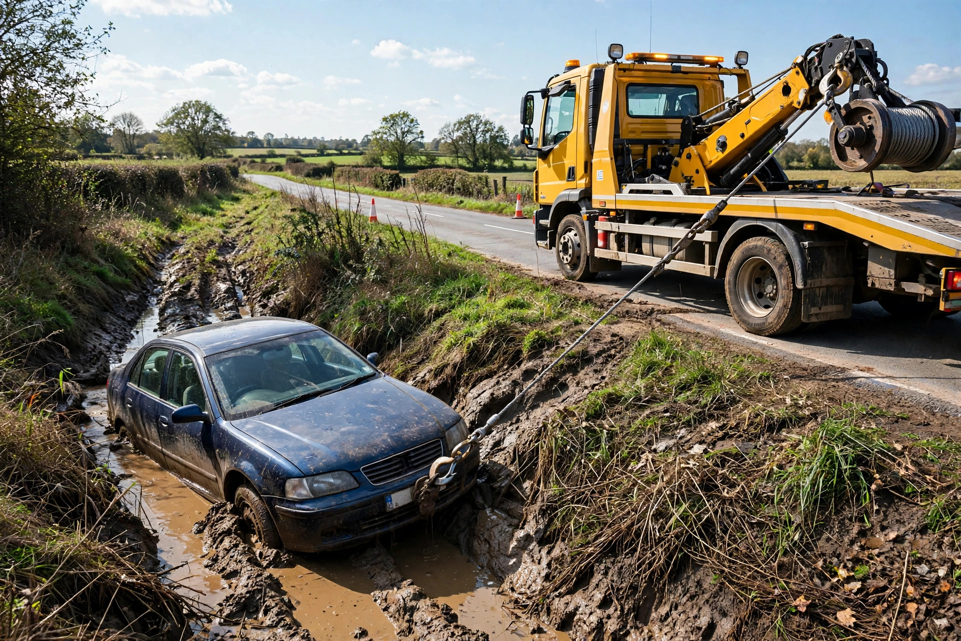 Tow truck winching a car from a ditch